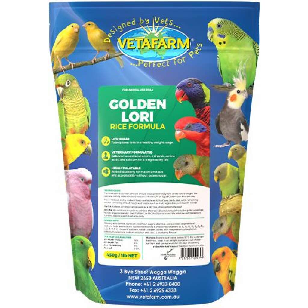 Vetafarm Golden Lori Rice Formula 450gm The Pet & Hobby Shop Wangaratta