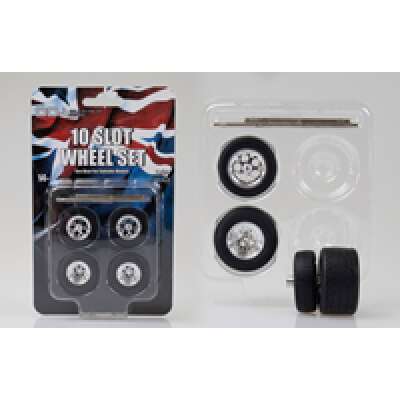 DDA 1:24 1 Set of 4 x 10 Slot Chrome Wheels w/Tyres & Axles - Suits Slammed Models - Holden HQ & HJ - Ford XW & XY